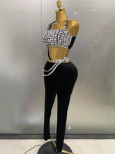 2025 New Luxury Sparkle Diamonds Sexy Crop Top Velour Pant Two Pieces Set Women Celebrate Birthday Party Nightclub Stage Costume